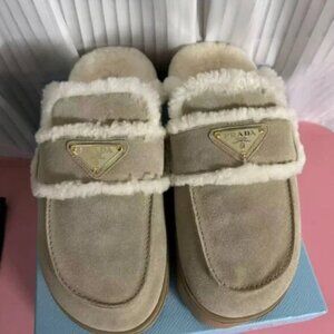 Prada Beige Suede Shearling Mules